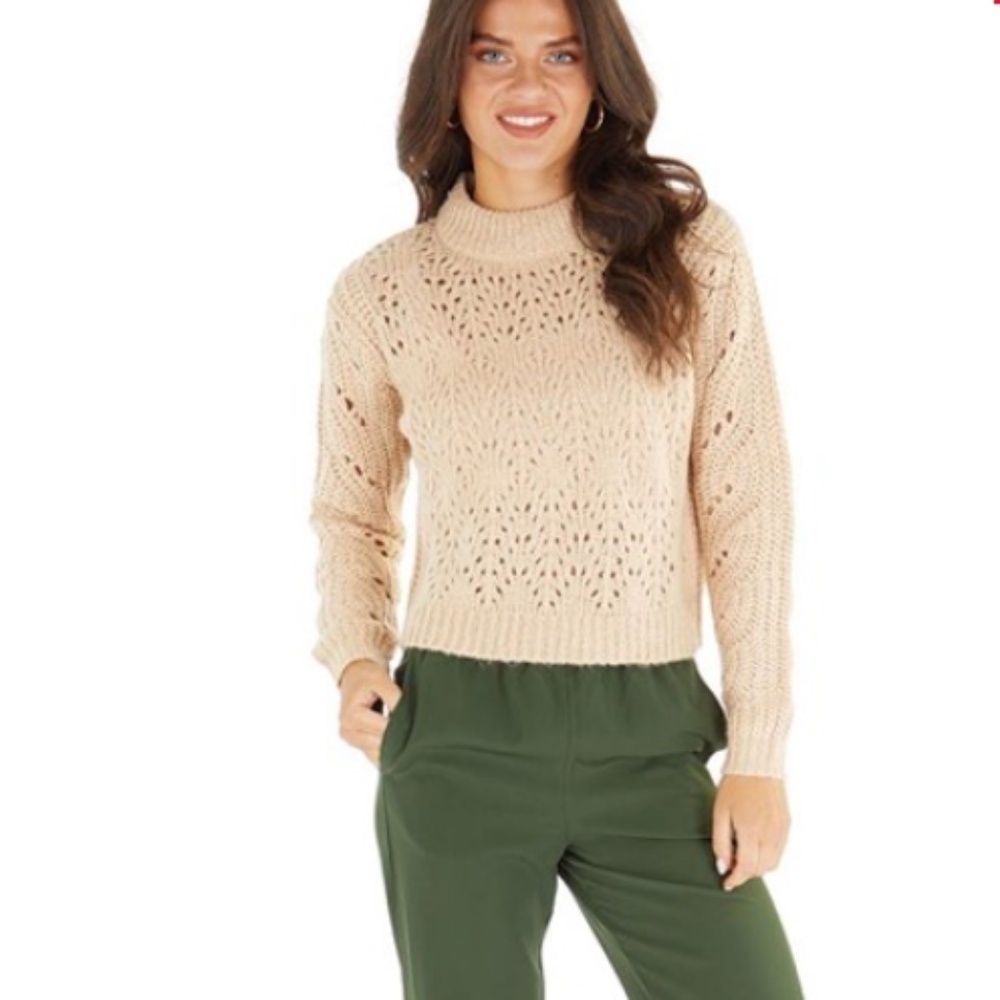 Brave Soul London Crew Neck Acrylic Open Knit Sweater Beige Size Medium
